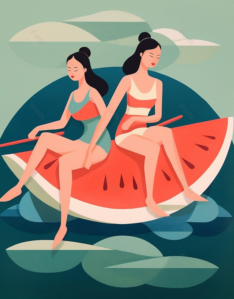 炎热夏天小暑裙子女孩们乘船漂流冒险西瓜水果插画,插画/手绘图,插画/手绘图库,插画/手绘图下载,插画/手绘